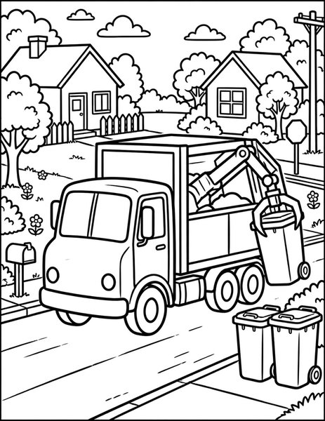 Garbage Truck coloring page: A garbage truck collects bins on pickup day.