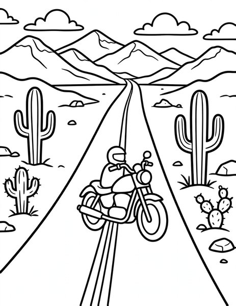 Motorcycle Ride coloring page: A motorcycle cruises down a desert road.
