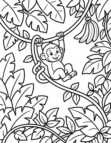Swinging Monkey coloring page: A monkey swings from a jungle vine.