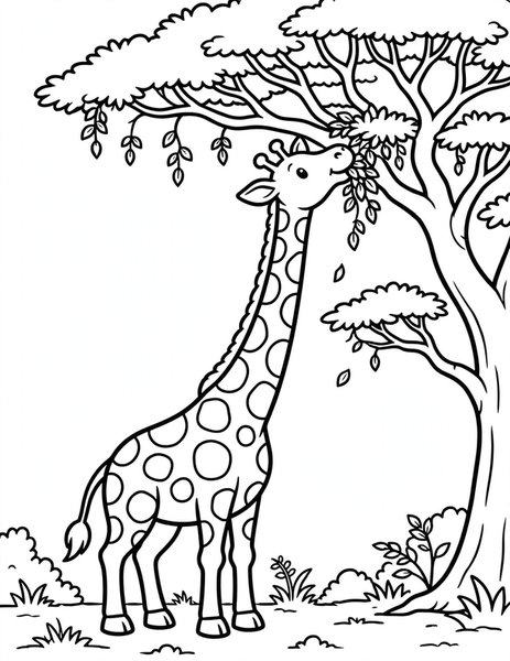 Tall Giraffe coloring page: A giraffe stretches to reach tasty leaves.