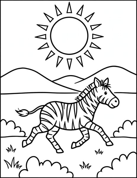 Zebra Crossing coloring page: A zebra trots across the dusty plain.