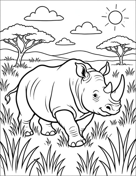 Rhino Charge coloring page: A rhino lumbers through the tall grass.