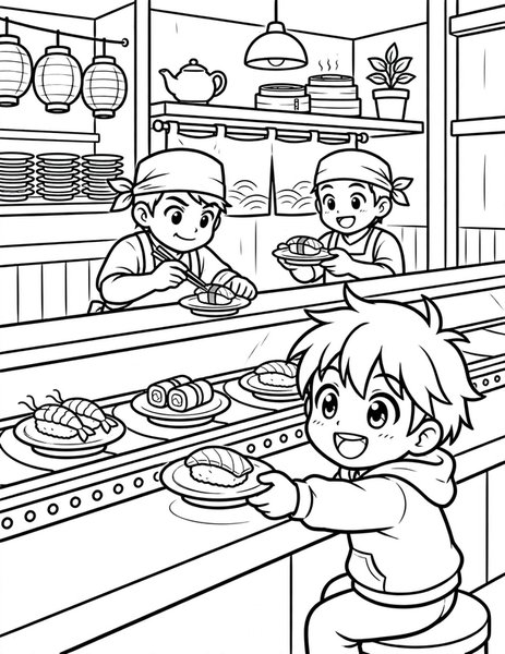 Sushi Train Ride coloring page: A kid grabs plates from a sushi conveyor.
