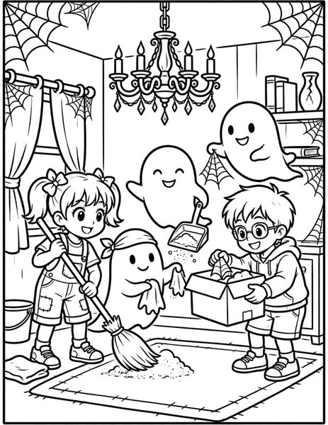 Haunted House Helpers coloring page: Kids help friendly ghosts tidy up.