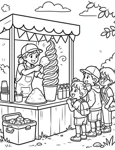 Rainbow Shave Ice coloring page: A vendor piles shave ice high.
