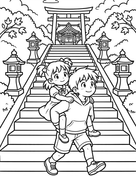 Piggyback Shrine Steps coloring page: A big brother carries his sister uphill.