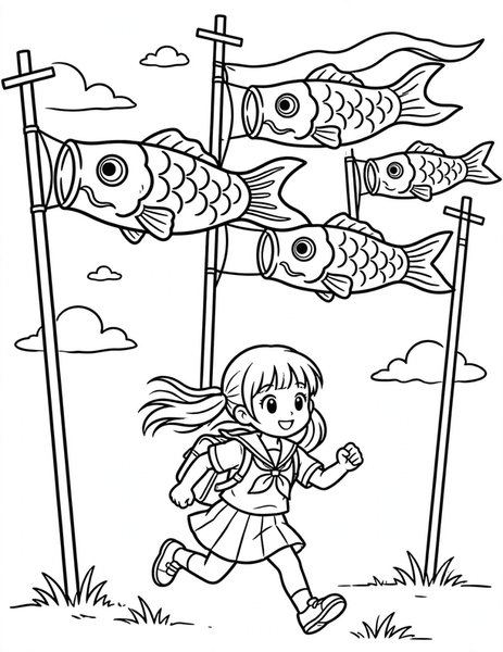 Koi Flag Wind coloring page: A girl runs beneath streaming koi flags.