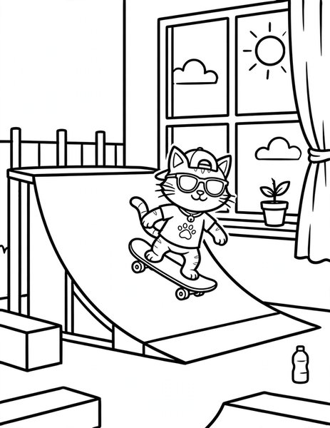 Skater Cat coloring page: A cat rides a skateboard.
