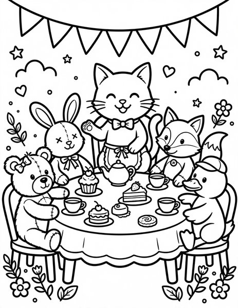 Tea Party Cat coloring page: A cat hosts a tea party for toys.