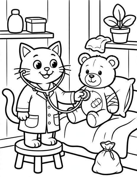 Doctor Cat coloring page: A cat doctor checks a teddy bear.