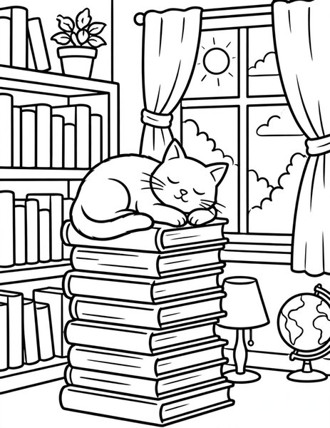 Library Cat coloring page: A cat naps on a stack of books.