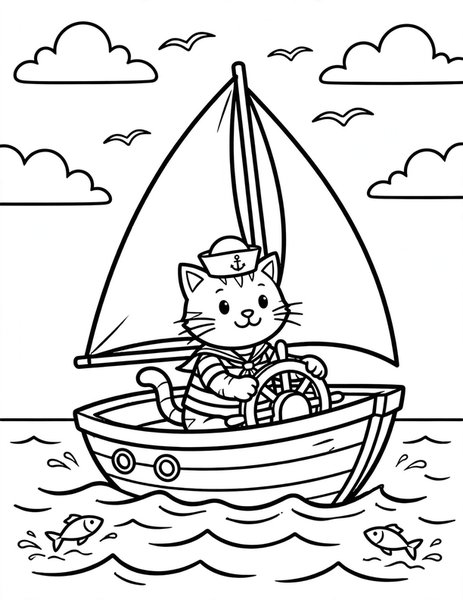 Sailor Cat coloring page: A cat steers a little sailboat.