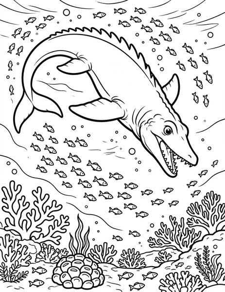 Mosasaurus Dive coloring page: A giant mosasaurus dives through the deep sea.
