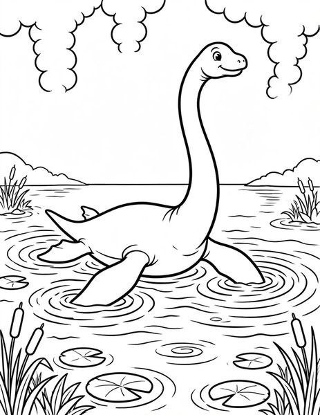Plesiosaur Paddle coloring page: A long-necked plesiosaur paddles across a misty lake.