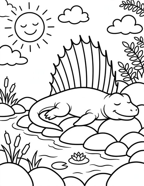 Dimetrodon Sunbathing coloring page: A dimetrodon warms its big sail in the morning sun.