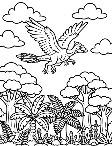 Archaeopteryx Flight coloring page: A feathered archaeopteryx takes its first brave flight.