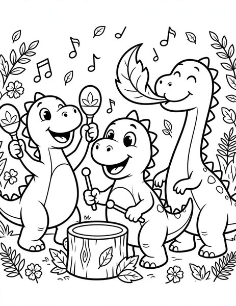 Dino Music Band coloring page: Three dinosaurs play instruments in a jungle band.