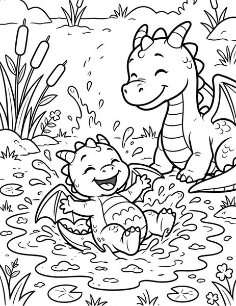 Mud Puddle Dragon coloring page: A baby dragon wallows in a warm mud puddle.