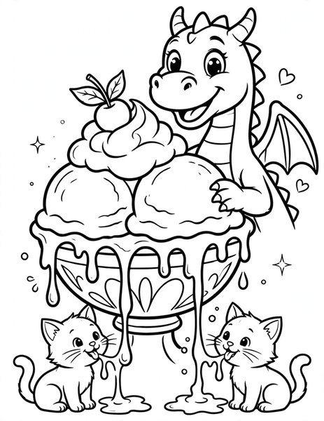 Dragon Ice Cream coloring page: A dragon shares a giant ice cream sundae.