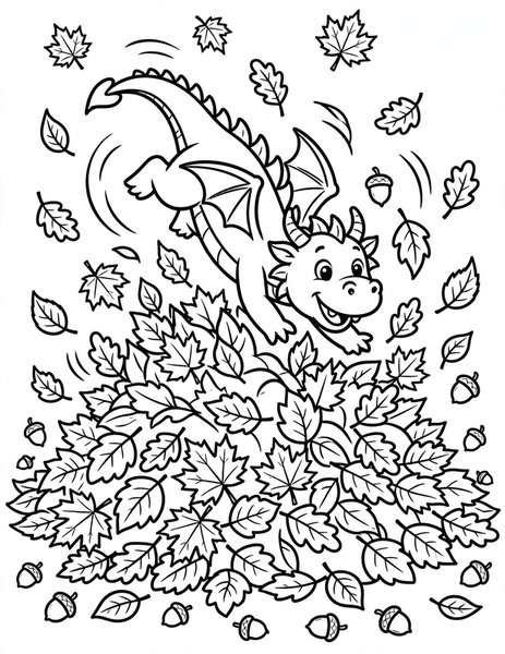 Autumn Dragon coloring page: A dragon plays in a pile of crunchy leaves.