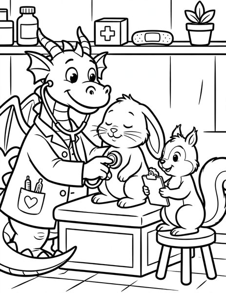 Dragon Doctor coloring page: A kind dragon gives checkups to forest animals.