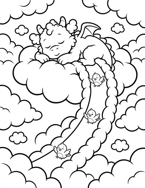 Cloud Dragon Nap coloring page: A fluffy cloud dragon naps on a soft cloud.
