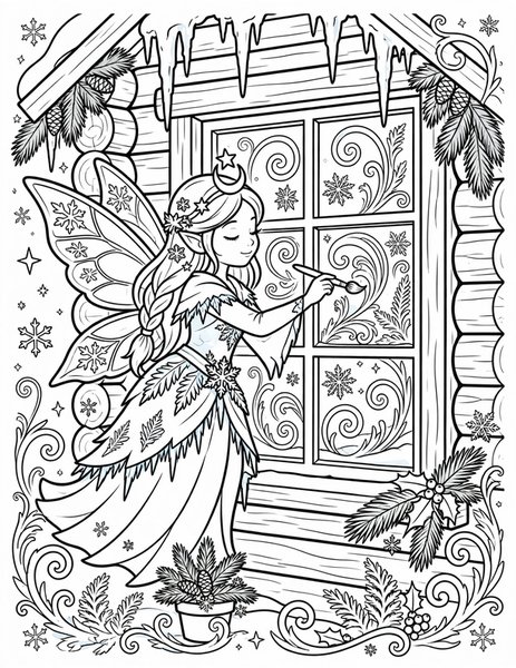 Winter Fairy coloring page: A fairy paints frost on windows.