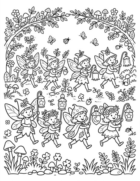 Fairy Parade coloring page: Fairies march with lanterns.