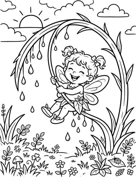 Dewdrop Swing coloring page: A fairy swings at dawn.