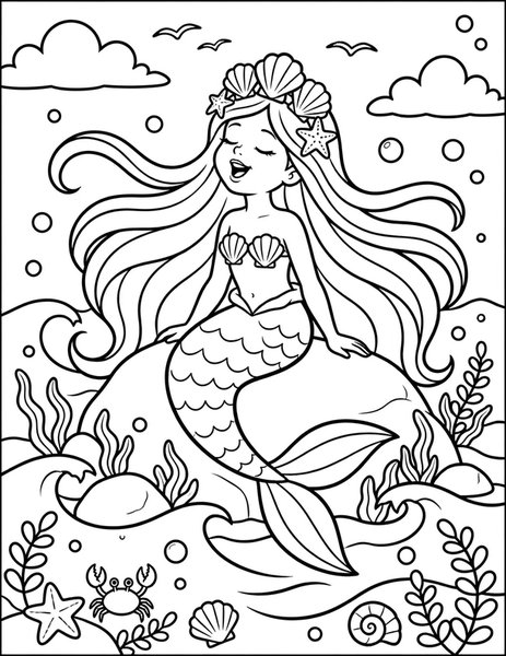 Mermaid Rock coloring page: A mermaid sings on a rock.