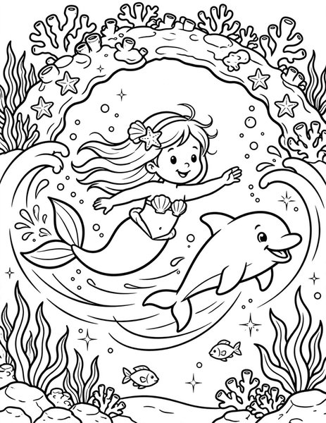 Dolphin Friend coloring page: A mermaid races a dolphin.