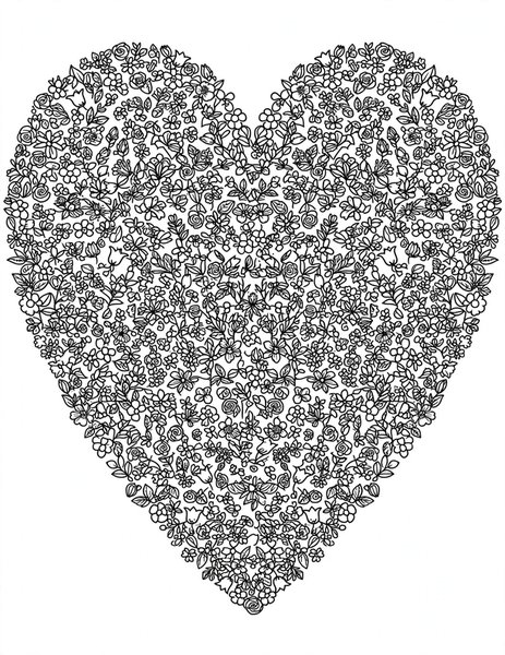 Detailed Flower Heart coloring page: A heart shaped from tiny flowers.