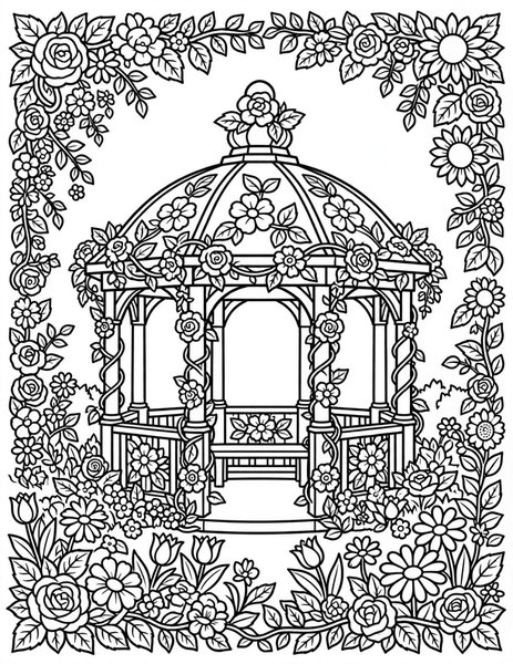 Detailed Garden Gazebo coloring page: A gazebo wrapped in flowers.