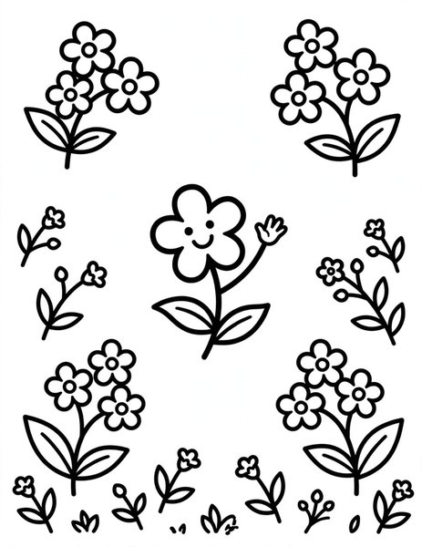 Forget-Me-Not Friend coloring page: A little forget-me-not waves hello.