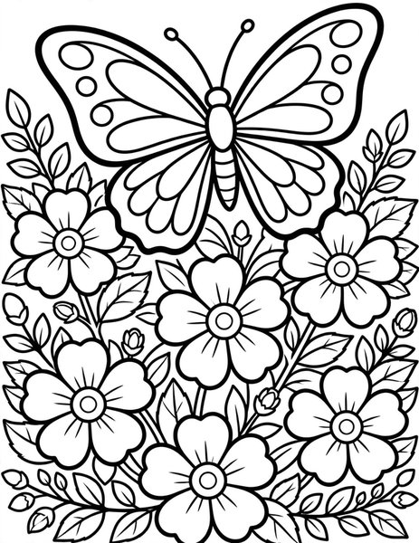 Detailed Butterfly Blossom coloring page: A butterfly resting on blossoms.
