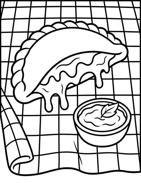 Calzone coloring page: A folded pizza pocket oozing cheese.