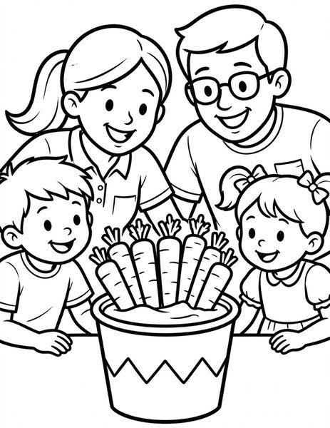 Carrot Sticks coloring page: Crunchy carrots with dip.