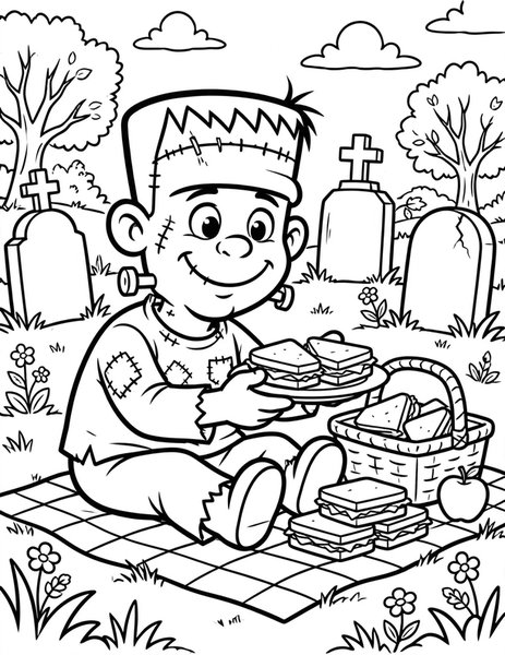 Frankenstein Picnic coloring page: Frankenstein's monster shares sandwiches at a spooky graveyard picnic.