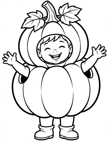 Pumpkin Costume Kid coloring page: A giggling kid wears a round pumpkin costume with a leafy stem hat.
