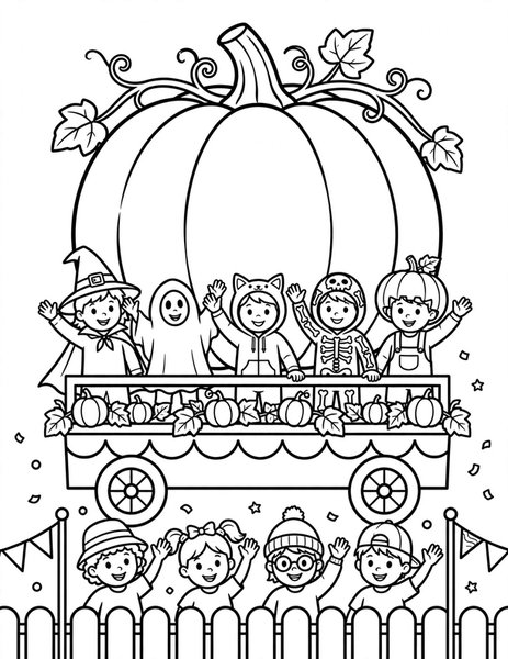 Costume Parade Float coloring page: A giant pumpkin float rolls by with kids in costumes waving.