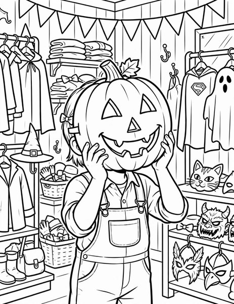 Pumpkin Mask coloring page: A kid tries on a big smiling pumpkin mask at a costume shop.