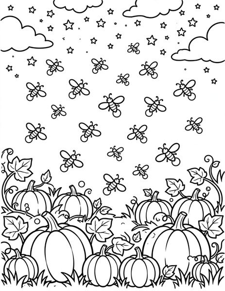 Firefly Lanterns coloring page: Fireflies twinkle like tiny lanterns over a pumpkin patch under a starry sky.
