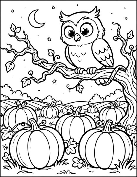 Owl Perch coloring page: A wide-eyed owl perches on a twisted branch, watching over a sleepy pumpkin field.
