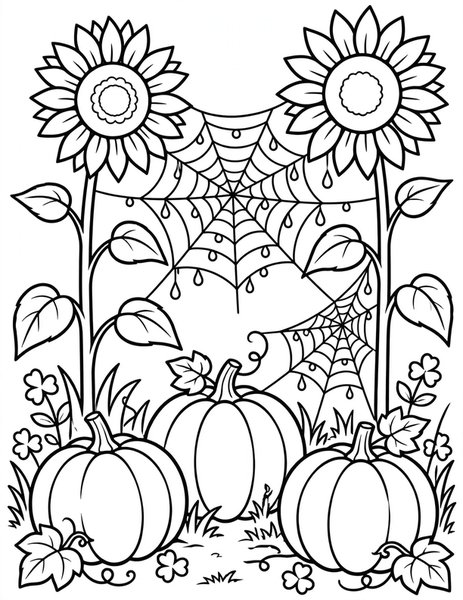 Spiderweb Garden coloring page: Morning dew sparkles on spiderwebs strung between sunflowers and pumpkins.