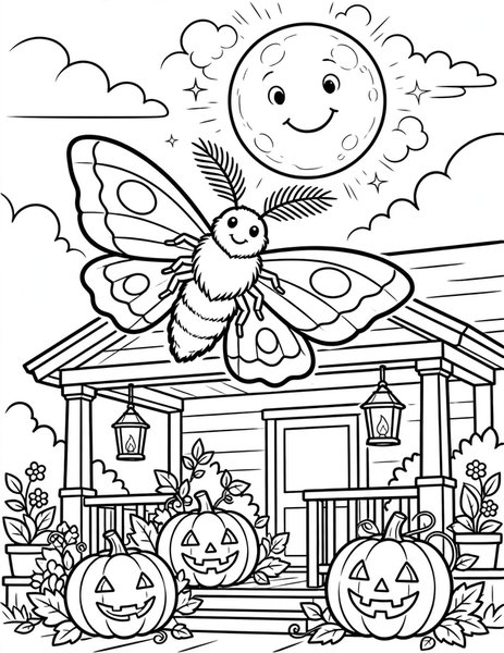 Moth to the Moon coloring page: A big friendly moth flutters toward a glowing moon past a lantern-lit pumpkin porch.