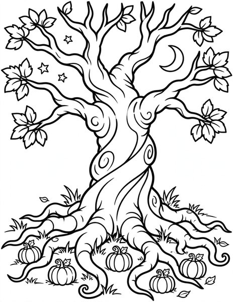 Pumpkin Toadstools coloring page: Tiny pumpkins grow like toadstools around the roots of a big gnarled tree.