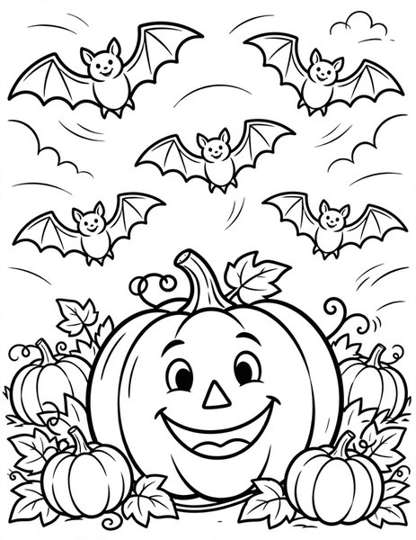 Bat Pumpkin Patch coloring page: Bats swoop playfully over a pumpkin patch where one giant pumpkin grins.
