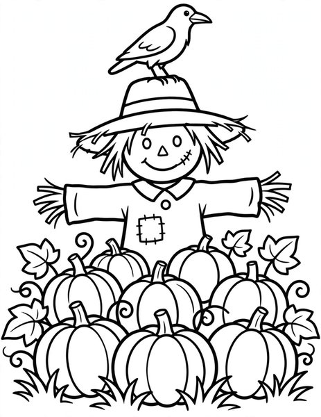 Crow Pumpkin Patch coloring page: A crow guards a pumpkin patch from atop the tallest scarecrow's straw hat.