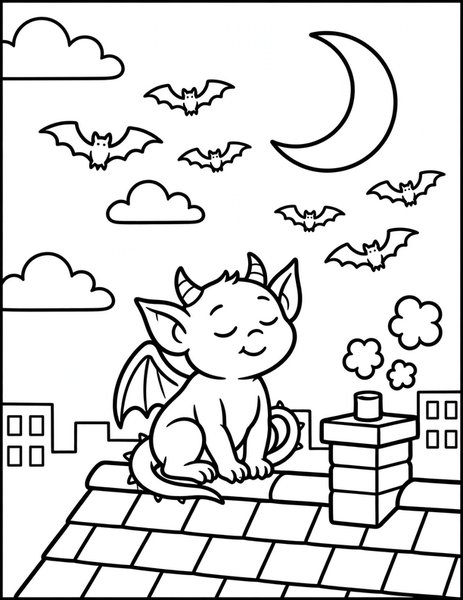 Gargoyle Perch coloring page: A sleepy gargoyle perches on a rooftop watching bats fly past the moon.