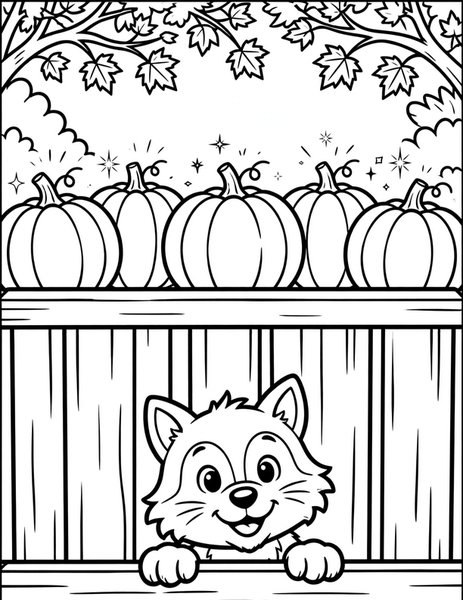 Wolf at the Fence coloring page: A friendly wolf cub peeks over a wooden fence at a row of glowing pumpkins.